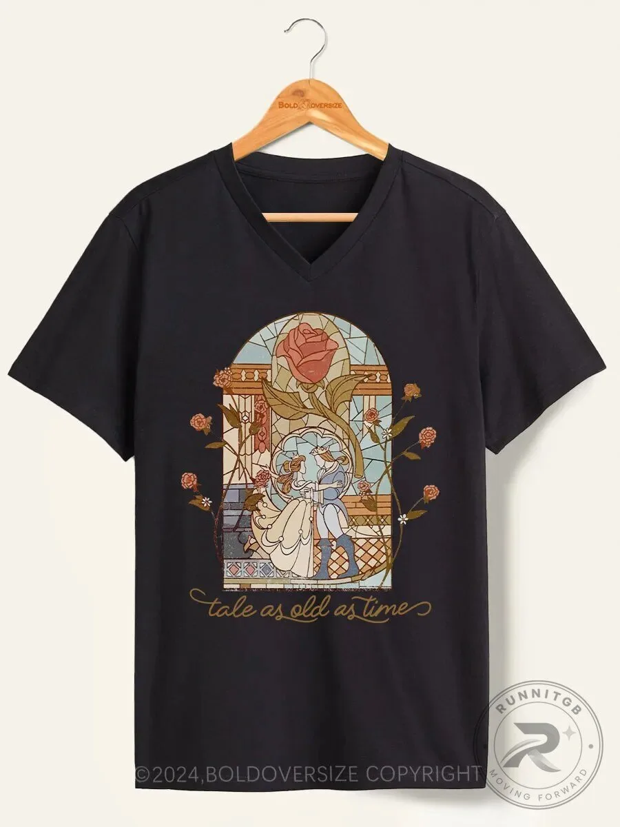 Beauty and the Beast Stained Glass Art Tale As Old As Time V-Neck T-Shirt