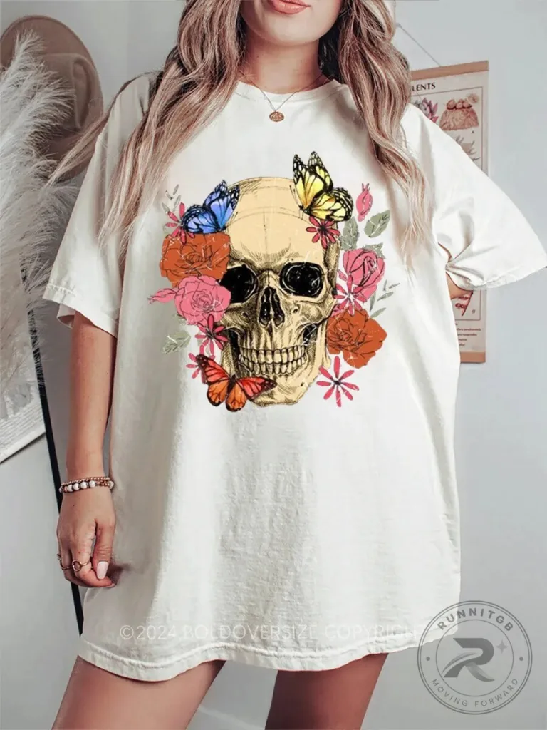 Vintage Bloom Skull and Butterfly Floral Graphic Oversized T-Shirt