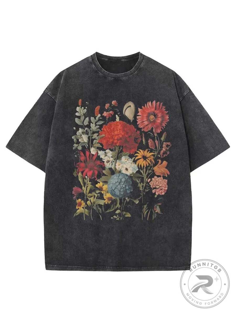 Vintage Boho Wildflower Bouquet Washed Black Graphic T-Shirt
