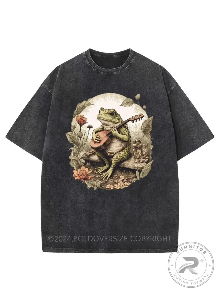 Cottagecore Frog Playing Guitar Vintage Washed T-Shirt